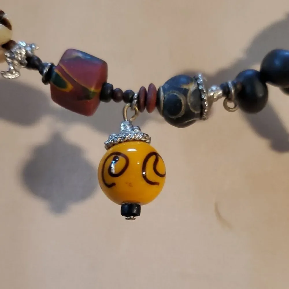 Bohemian Beaded Necklace Choker with Orange and Black Accents Tribal Aztec